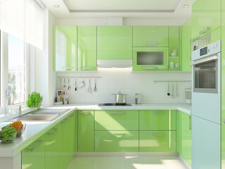Fototapeta premium Modern Lime Green Kitchen Design With Stainless Steel Appliances