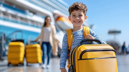 Cruise luggage trip concept. A cheerful boy with a yellow suitcase stands in front of a cruise ship, ready for an exciting travel adventure.