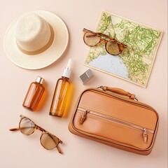 Cruise luggage trip concept. A stylish travel flat lay featuring sunglasses, hair products, a hat, a map, and a chic bag, perfect for summer adventures.