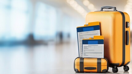 Cruise luggage trip concept. A vibrant yellow suitcase with travel documents, set against a blurred background, suggests preparation for a journey or vacation.