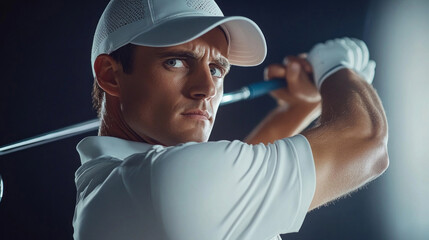 Naklejka premium A man is holding a golf club and wearing a white hat