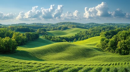 Fototapeta premium Rolling green hills with puffy clouds. Perfect for a nature or agriculture theme.