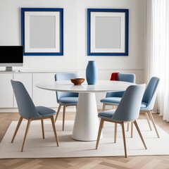 Fototapeta premium Modern Minimalist Dining Room with Elegant Decor and Blank Frames | sky blue