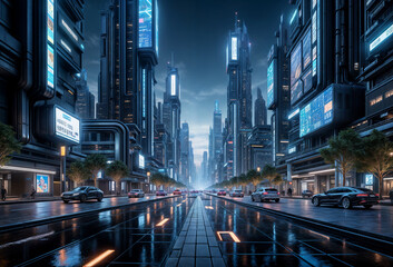 Fototapeta premium Futuristic cityscape at night with holographic skyscrapers, flying vehicles, and smart tech infrastructure.