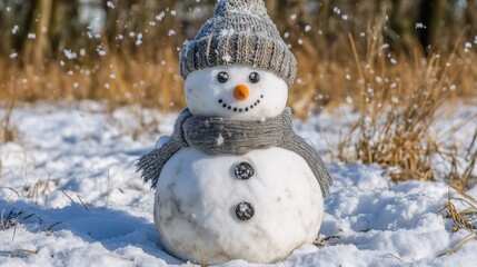 Obraz premium Snowman in a knitted hat and scarf, sitting on snow with a grassy winter background