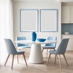 Fototapeta premium Modern Minimalist Dining Room with Elegant Decor and Blank Frames | sky blue