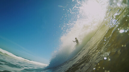 Surfer Riding a Powerful Ocean Wave Under Bright Blue Sky - A dynamic action shot of a surfer expertly maneuvering through a breaking wave with sunlight reflecting off the water.