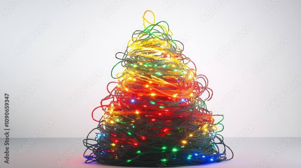 Wall mural christmas tree made of tangled lights. the lights are in different colors and are all tangled togeth