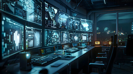 Cybersecurity Command Center: Digital Data Streams Visualized on Multiple Screens at Night