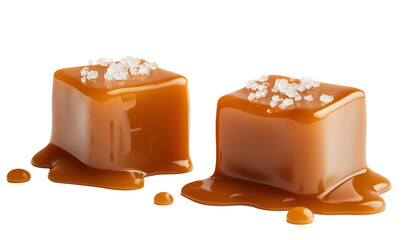 Two salty caramel candy cubes topped with caramel sauce and salt on white background