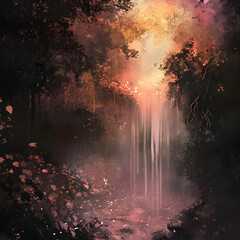 Fototapeta premium A digital painting depicting a mysterious forest path, bathed in the soft glow of a magical waterfall, creating an ethereal atmosphere.