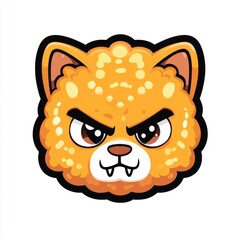 Obraz premium Cartoonish orange selkirk rex cat head with an angry expression and sharp teeth.
