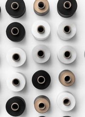 Collection of yarns, some black and some white, are arranged in a pattern. The white yarn is in the middle of the row