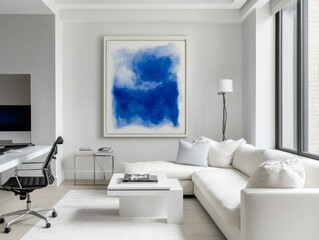 Modern Living Room with Abstract Blue Artwork