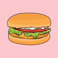 Illustration of a burger with tomato lettuce chicken and sauces vector