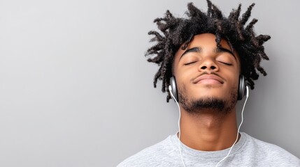 Obraz premium A man with dreadlocks is wearing headphones and listening to music. He is in a relaxed and peaceful state
