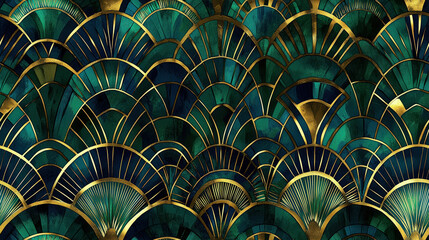 A green and gold patterned background with gold accents