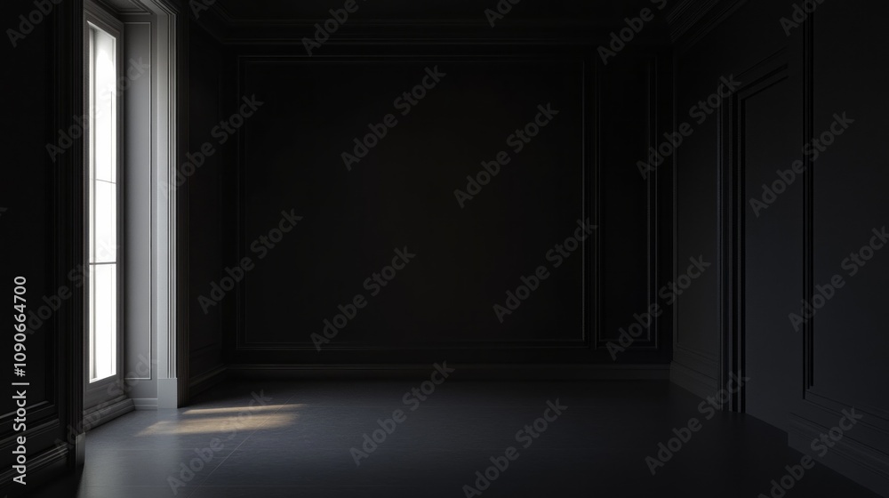 Poster a dark room with a window that lets in sunlight