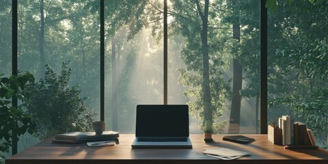 Fototapeta premium Peaceful workspace with a view of a forest, laptop on a wooden desk, and soft natural lighting, tranquil setting,