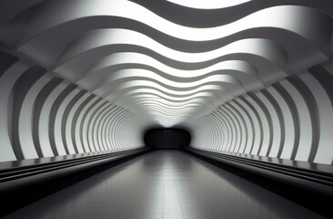Futuristic Abstract Interior of a Modern Underground Passageway with Wavy Patterns and Soft Lighting Creating an Immersive Atmosphere for Urban Exploration