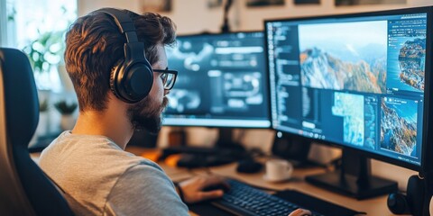 Professional home office with a multi-monitor setup, headset, and organized desk, productivity focused,