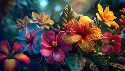 Fototapeta premium A vibrant arrangement of tropical flowers, featuring blue, pink, orange, and yellow blooms surrounded by lush green leaves, creating a joyful atmosphere.