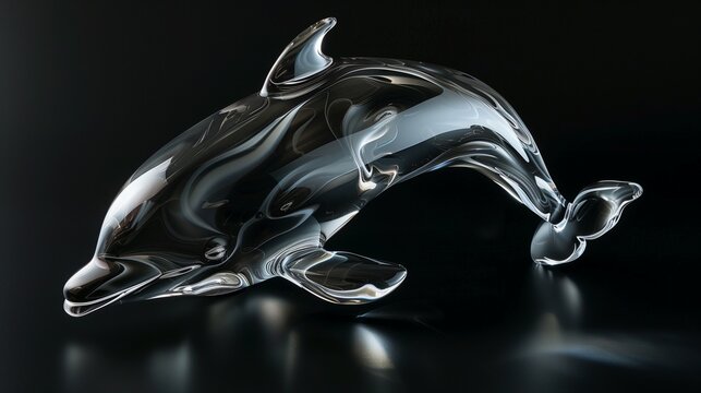 A glass sculpture of a dolphin on a black background. - Powered by Adobe