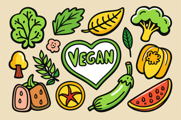 Vegan doodle style hand drawn sticker set featuring fresh vegetables and fruits for creative design use