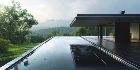 Rainwater collection system on a minimalist house roof, efficient and sustainable design,
