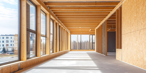 Obraz premium Interior of a modern wooden house under construction with large windows
