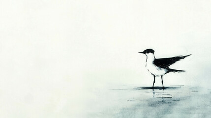 Obraz premium Elegant Japanese Minimalist Brush Painting of a Bird Standing Gracefully in a Serene, Soft Background Portraying Tranquility and Nature's Beauty