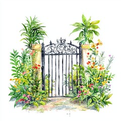 Fototapeta premium Watercolor painting of a garden gate dripping with water after rain, with the flowers and plants around it fresh and vibrant
