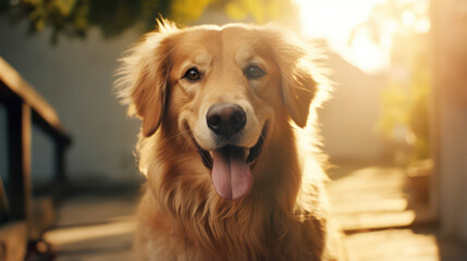 Obraz premium Happy Golden Retriever Sitting Outdoors with Sunshine Backlight, Capturing a Playful Expression in a Tranquil and Natural Setting