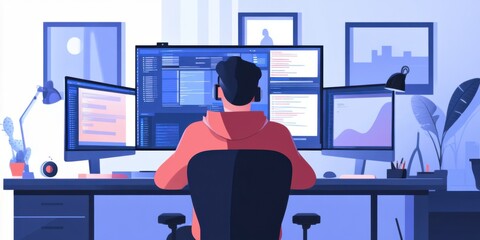 Remote worker having a virtual meeting with multiple screens, tech-savvy home office,