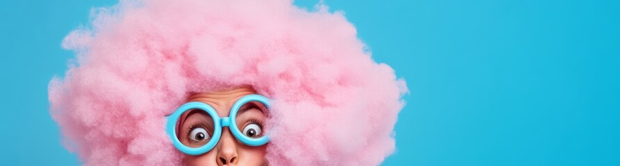 A woman with pink hair and blue glasses is looking at the camera. The image has a playful and fun mood, as the woman's appearance is exaggerated and humorous