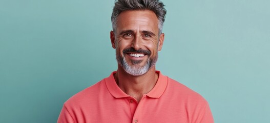 Fototapeta premium A man with a big smile on his face is wearing a red shirt. He is looking at the camera and he is happy