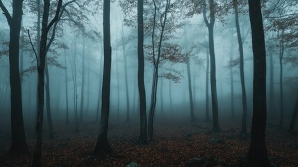 Obraz premium Forest with trees in the background and a foggy sky. Scene is mysterious and eerie Nature