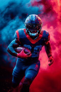 Dynamic american football player in action amidst vibrant red and blue smoke display