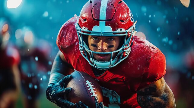 Intense american football player in action during a rainy night game
