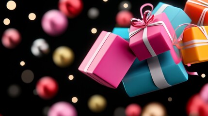 Fototapeta premium A colorful stack of presents with a bow on top. The image conveys a festive and joyful mood, as it is likely a Christmas scene. The bright colors of the presents