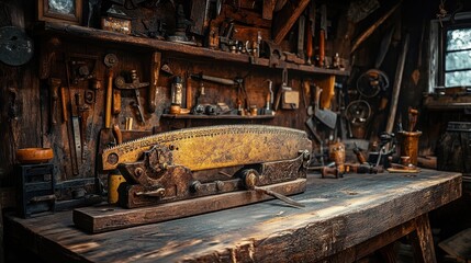 Fototapeta premium Antique Woodworking Tools Vintage Workshop Old Saw Rustic Craftsmanship