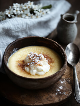 Traditional Finnish m&auml;mmi served in a rustic bowl, topped with cream and a sprinkle of sugar