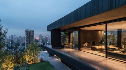 Fototapeta premium Modern minimalist house with expansive glass windows overlooking a vibrant city skyline at dusk, featuring sleek architecture and tranquil outdoor space