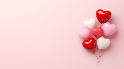 A cluster of red, pink, and white heart-shaped balloons floating against a soft pink background, perfect for romantic occasions, generative ai