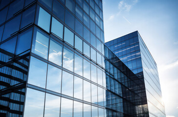 Obraz premium Modern Glass Buildings Reflecting Blue Sky and Clouds, Showcasing Elegant Architecture with Clean Lines and Contemporary Design in Urban Environment