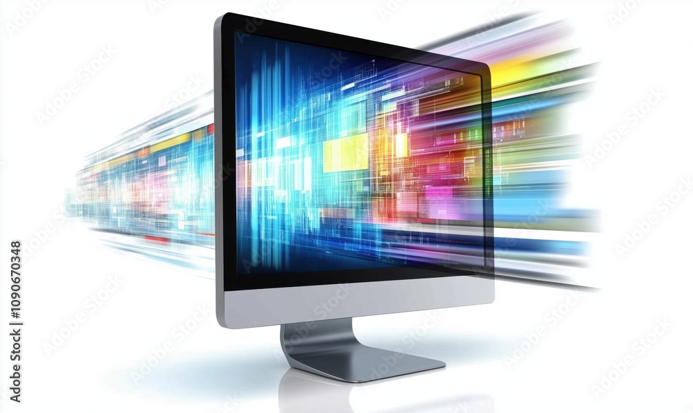 Poster dynamic computer monitor with vibrant digital display, showcasing abstract data streams and colorful