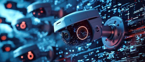 Obraz premium Home security with smart cameras and remote monitoring featuring cool greys and deep blues