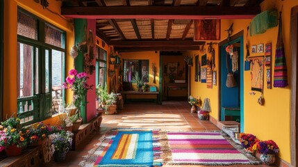 Naklejka premium Colorful Interior of a Rustic Home Featuring Vibrant Walls, Traditional Textiles, and Beautiful Floral Arrangements Set Against a Warm and Inviting Atmosphere