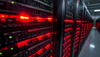 Obraz premium Close-up of an industrial server glowing in dark data center
