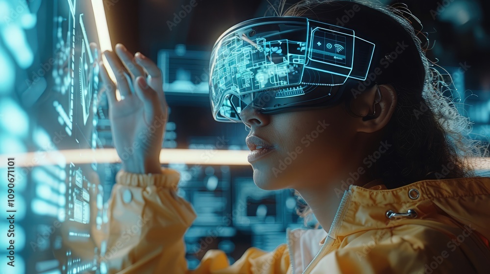 Fototapete a young woman wearing vr glasses is interacting with holographic data on the screen, while his hands